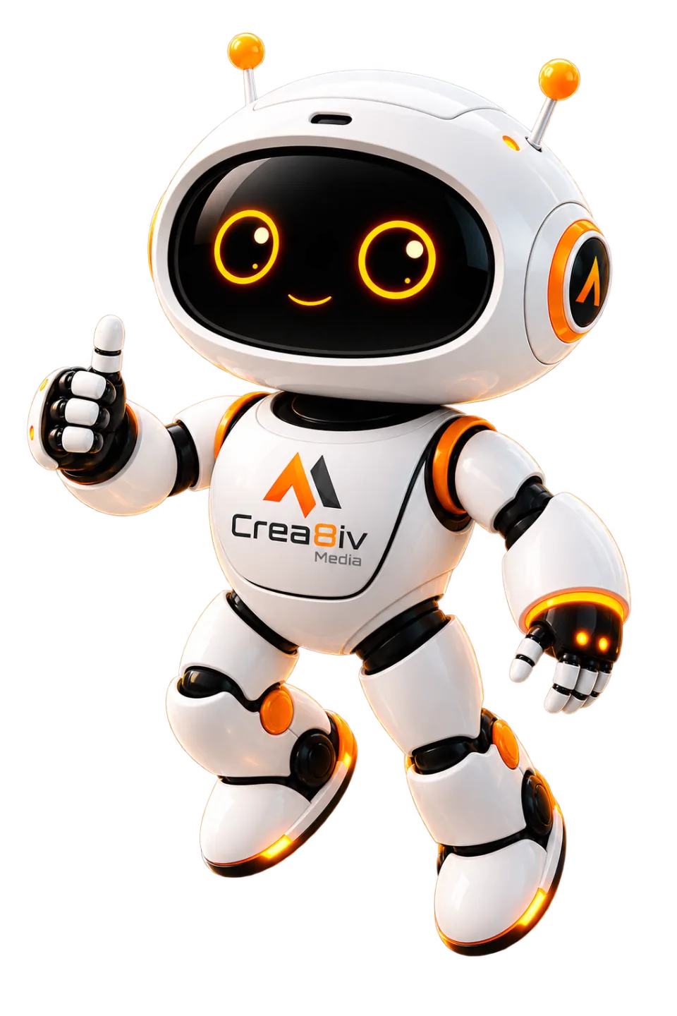 Crea8iv Media AI marketing robot floating beside the homepage hero content