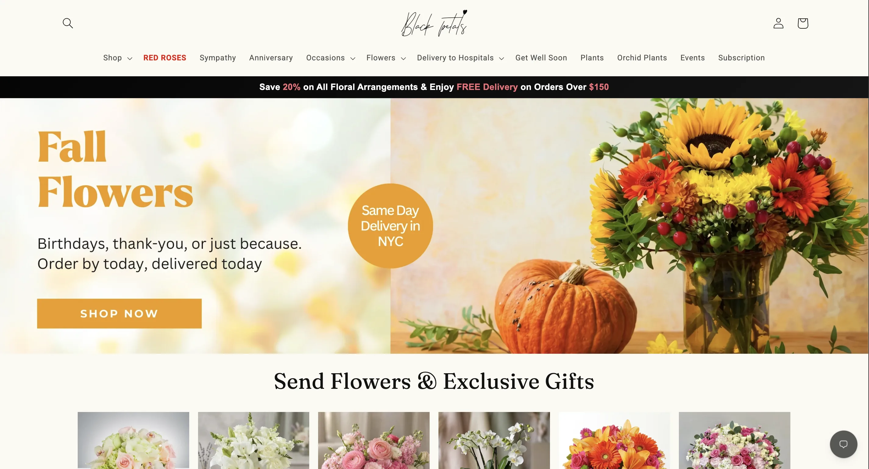 Black Petals desktop website showing Fall Flowers and same-day delivery in NYC