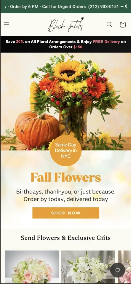 Black Petals mobile website with urgent order call bar and Fall Flowers hero
