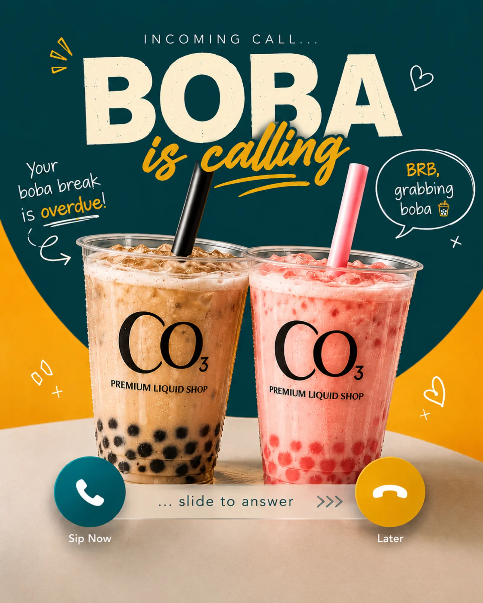 CO3 product creative featuring a premium boba drink