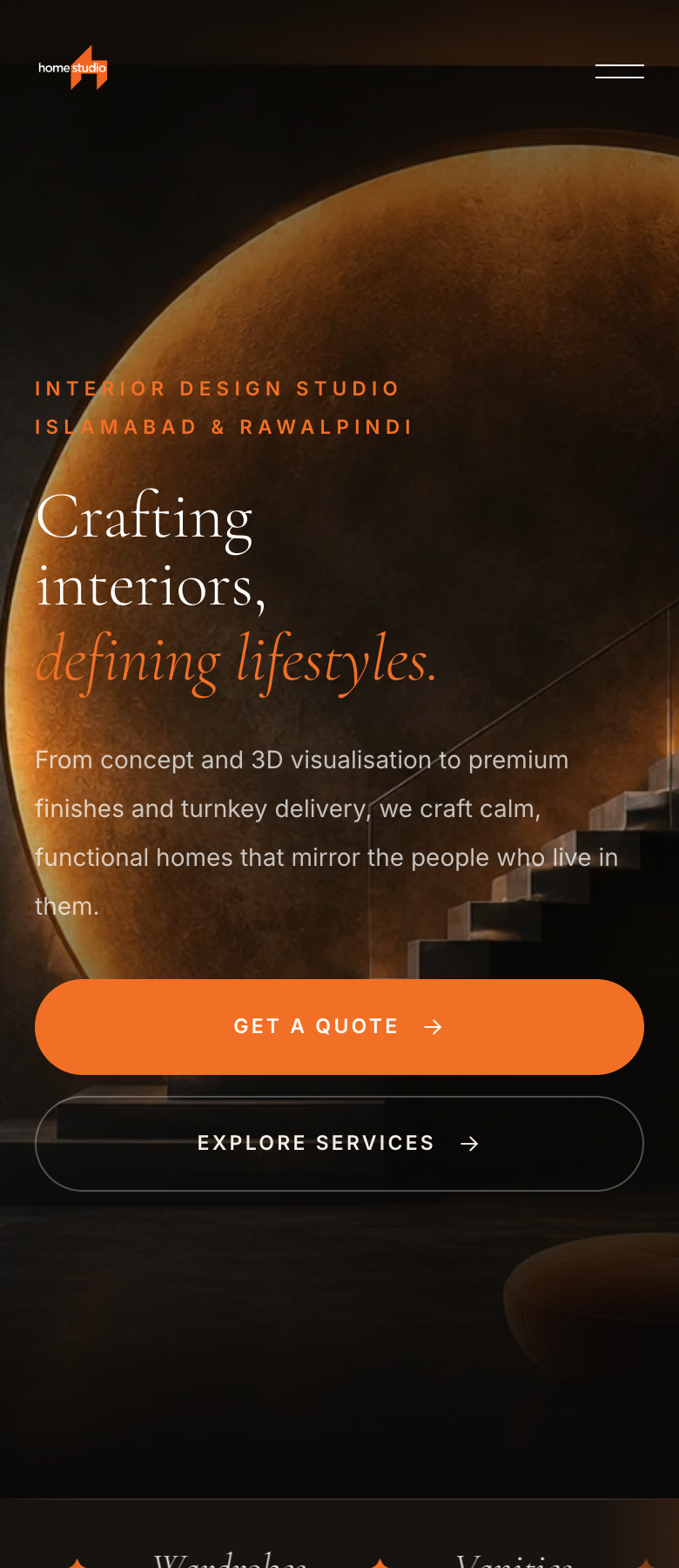 Mobile screenshot of Home Studio Interiors website quote flow