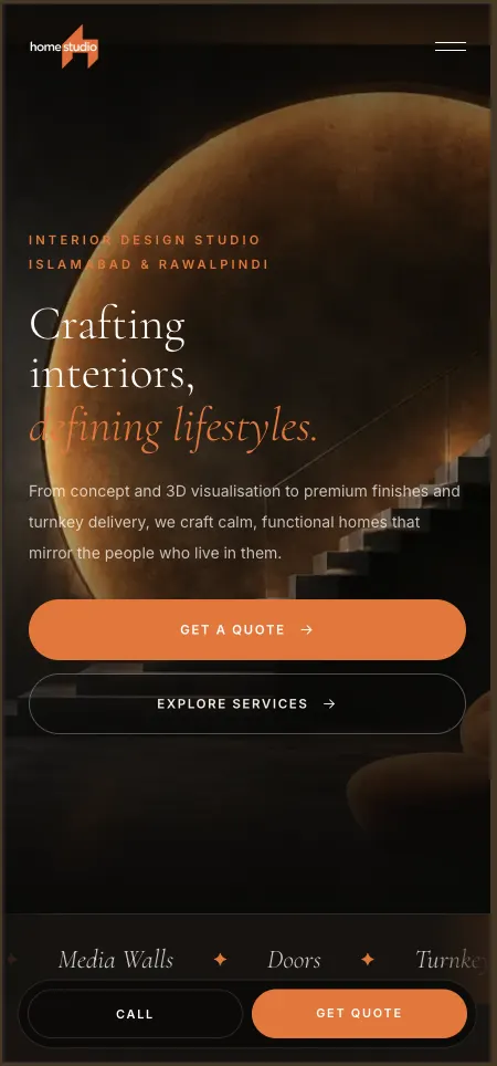 Mobile screenshot of Home Studio Interiors website quote flow