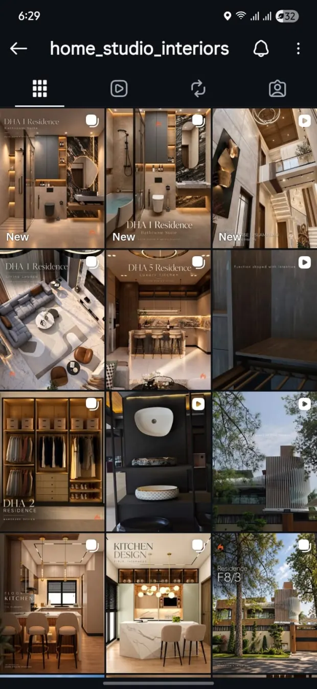 Home Studio Interiors Instagram grid showing premium residence and kitchen content