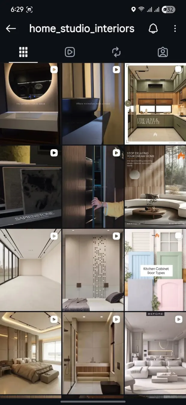 Home Studio Interiors Instagram grid showing kitchen education and interior detail posts