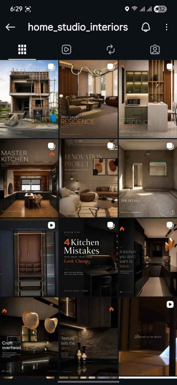 Home Studio Interiors Instagram grid showing renovation, kitchen and residence content