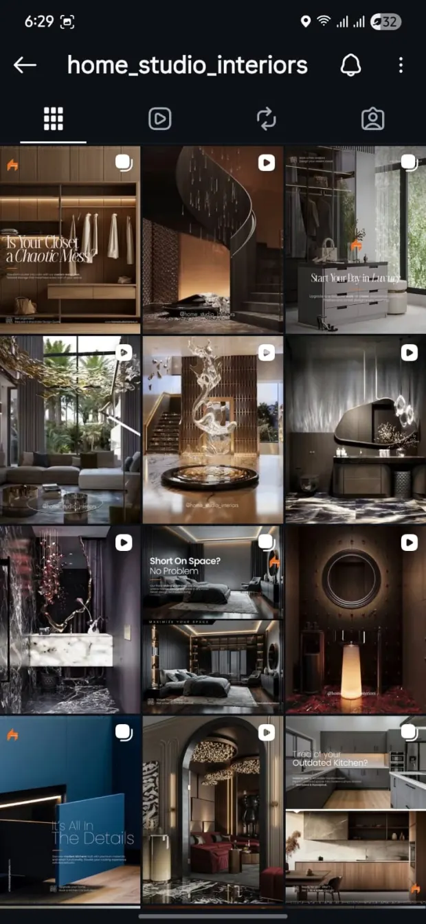 Home Studio Interiors Instagram grid with luxury interiors and kitchen education posts