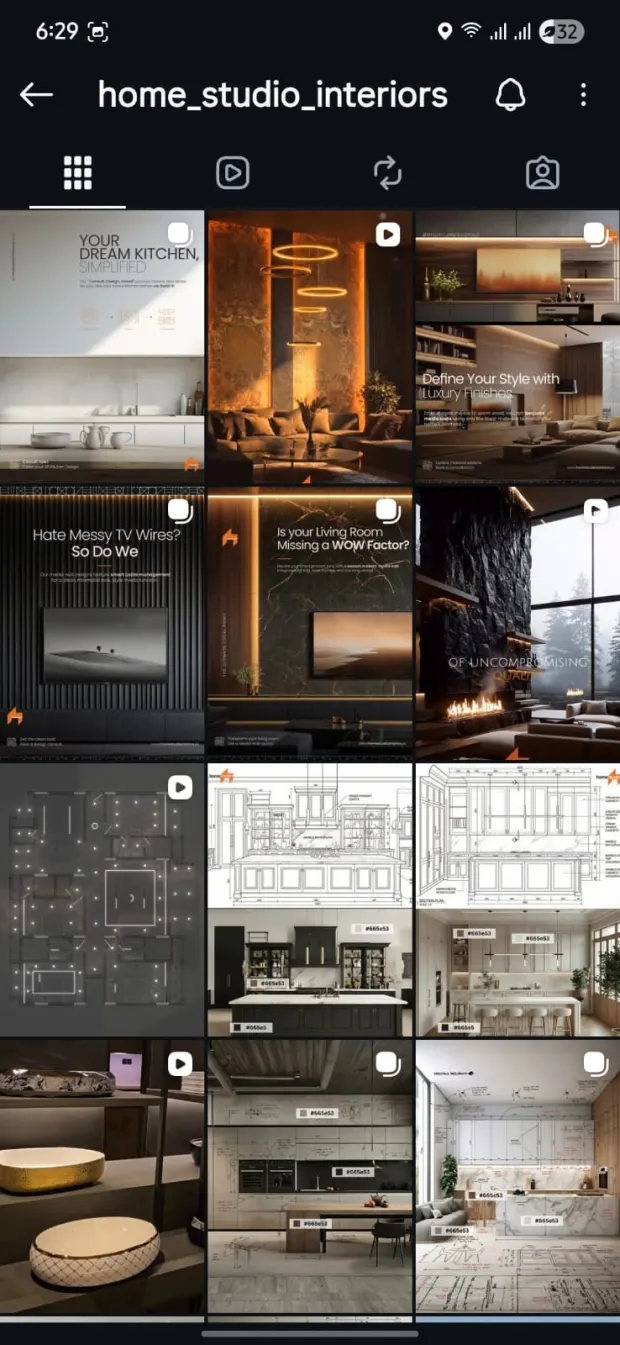 Home Studio Interiors Instagram grid with design detail and planning content