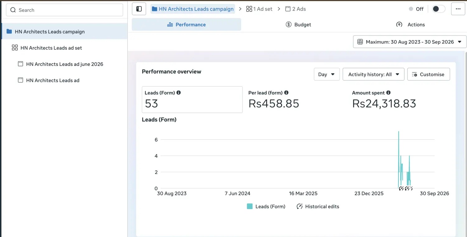 Meta Ads screenshot showing HN Architects campaign performance