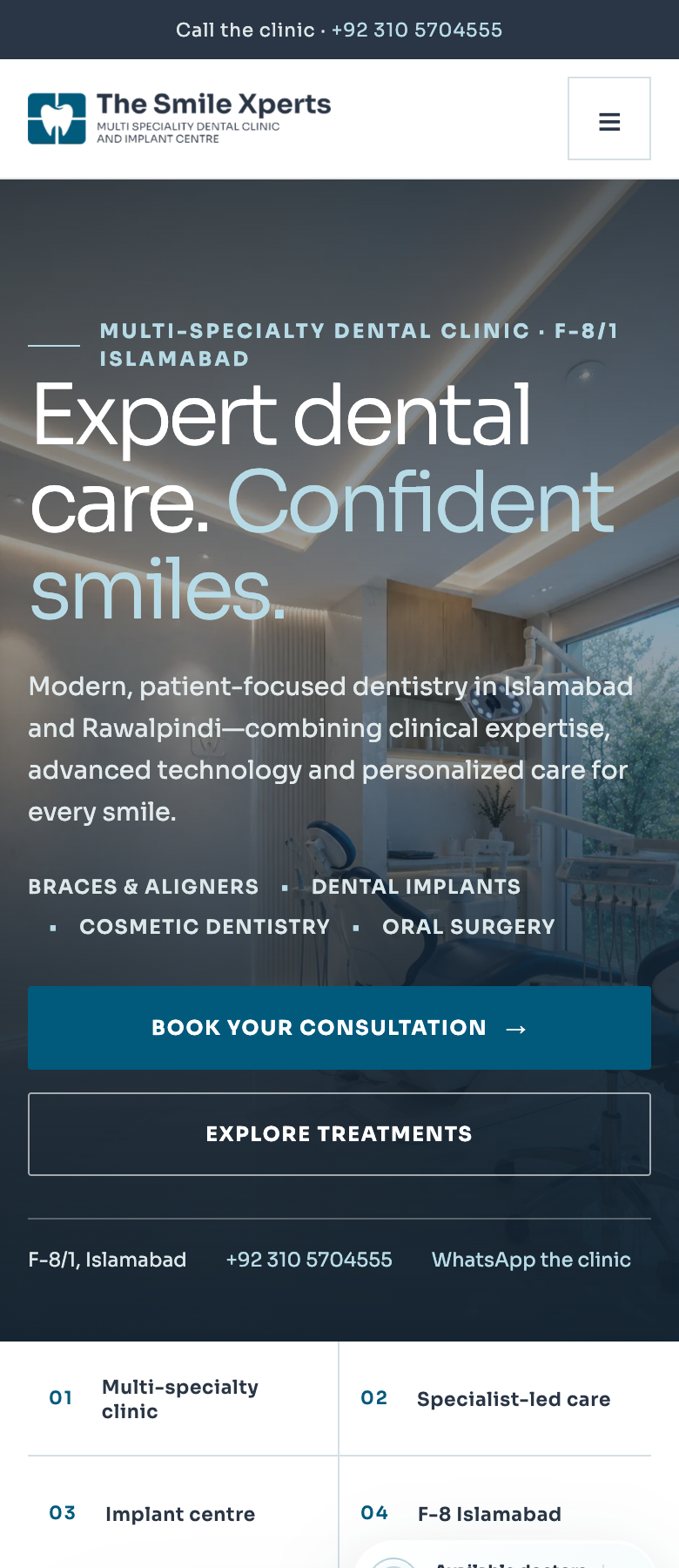Mobile screenshot of The Smile Xperts appointment-focused website