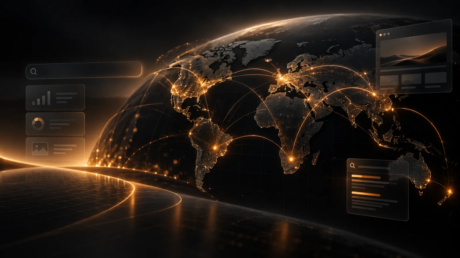 Dark global digital network showing international website, ads and search visibility connections