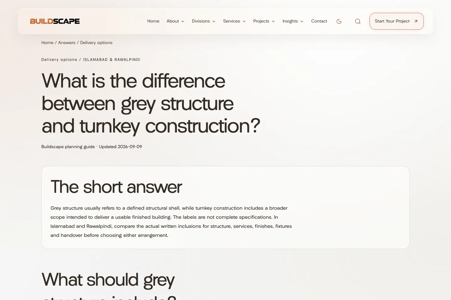 Buildscape planning guide explaining grey structure and turnkey construction through a direct answer and supporting detail