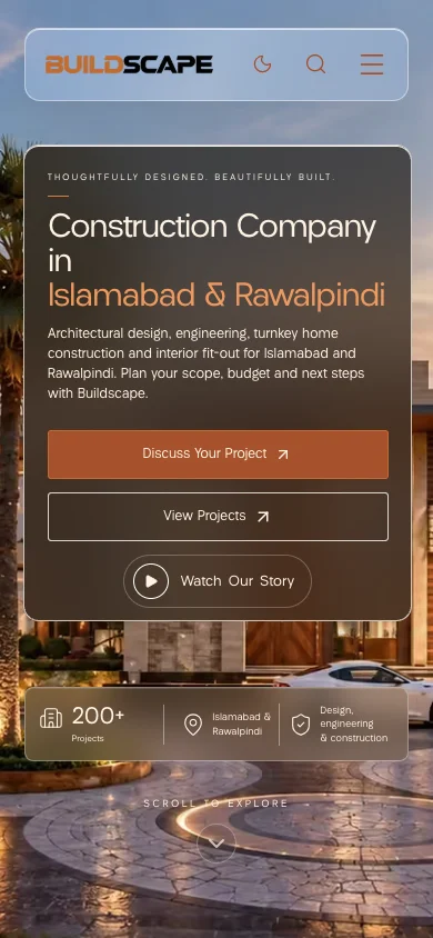 Current Buildscape mobile homepage with responsive navigation and construction introduction