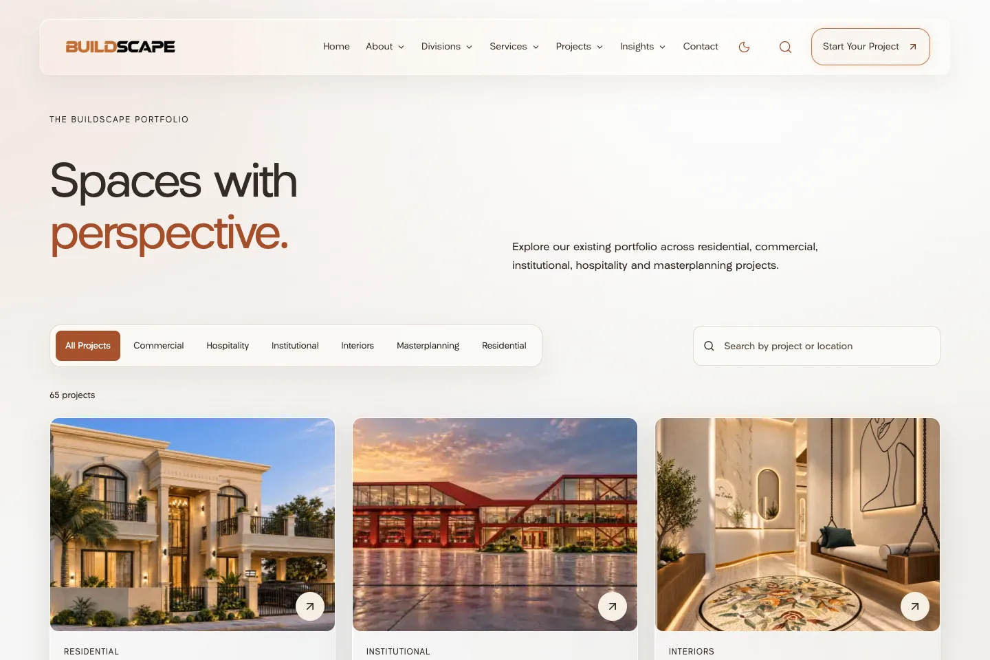Buildscape project portfolio with category navigation and published architectural visuals