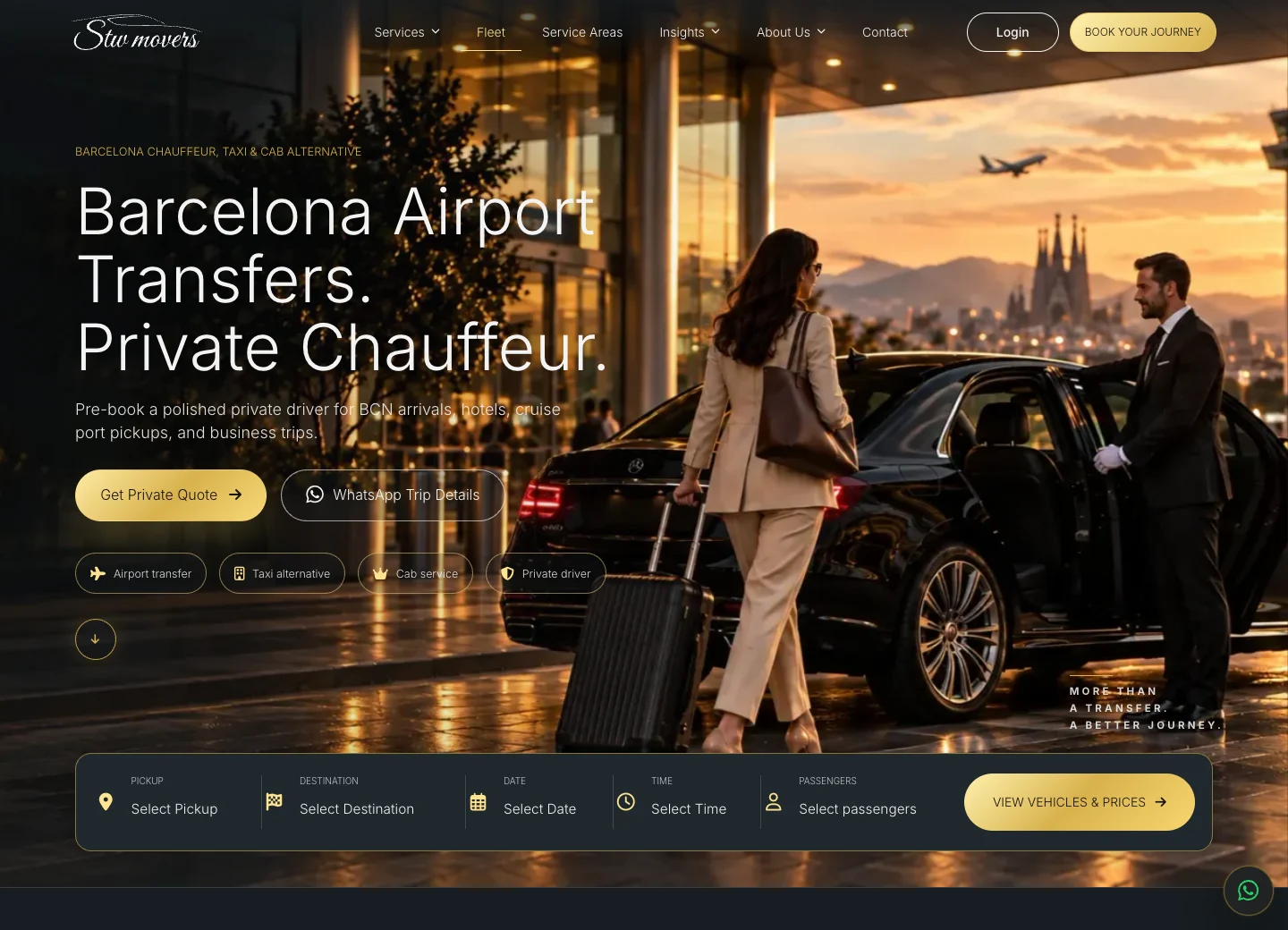 STW Movers public website with Barcelona chauffeur positioning, navigation and journey enquiry form