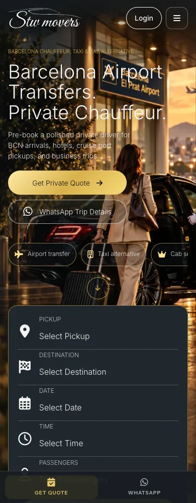 STW Movers mobile homepage with service introduction and booking actions