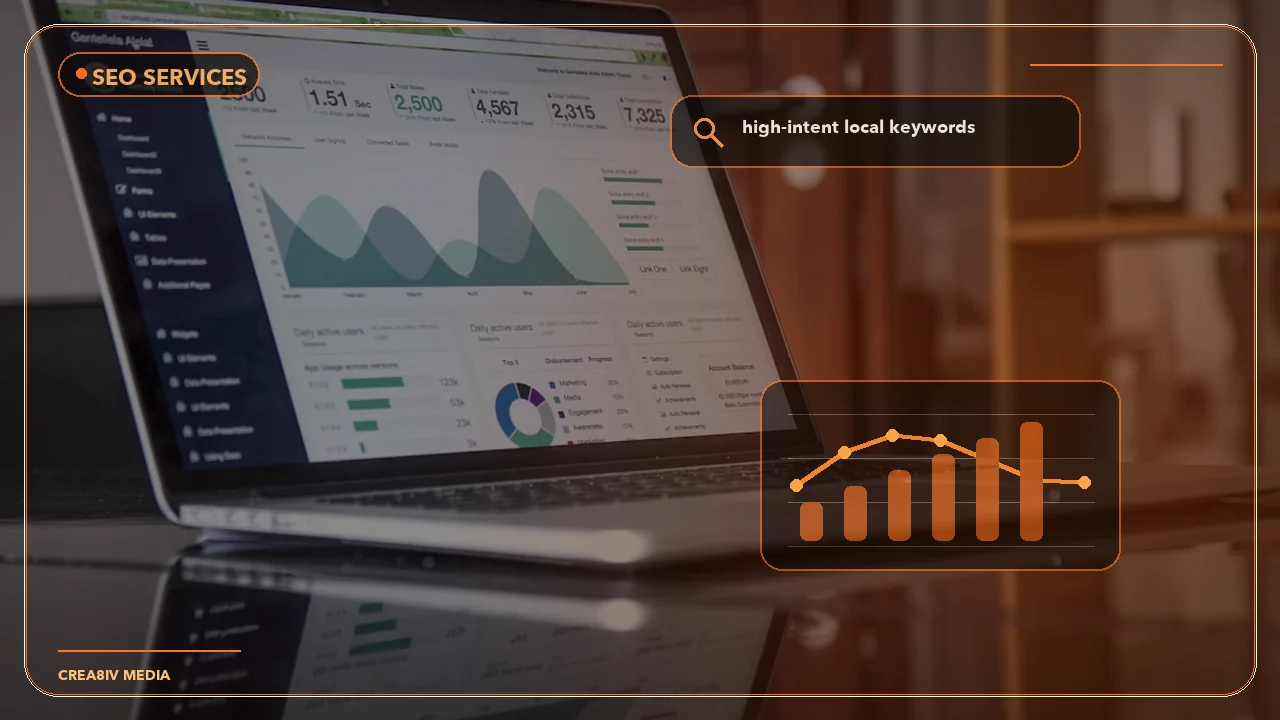 Business owner reviewing SEO growth charts and local search performance in a premium office.
