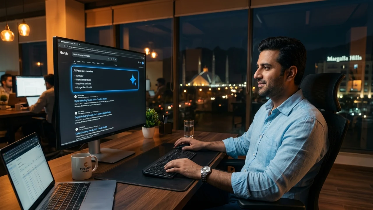 Pakistani marketer reviewing conversational Google search ads and AI lead capture dashboards in a modern office.
